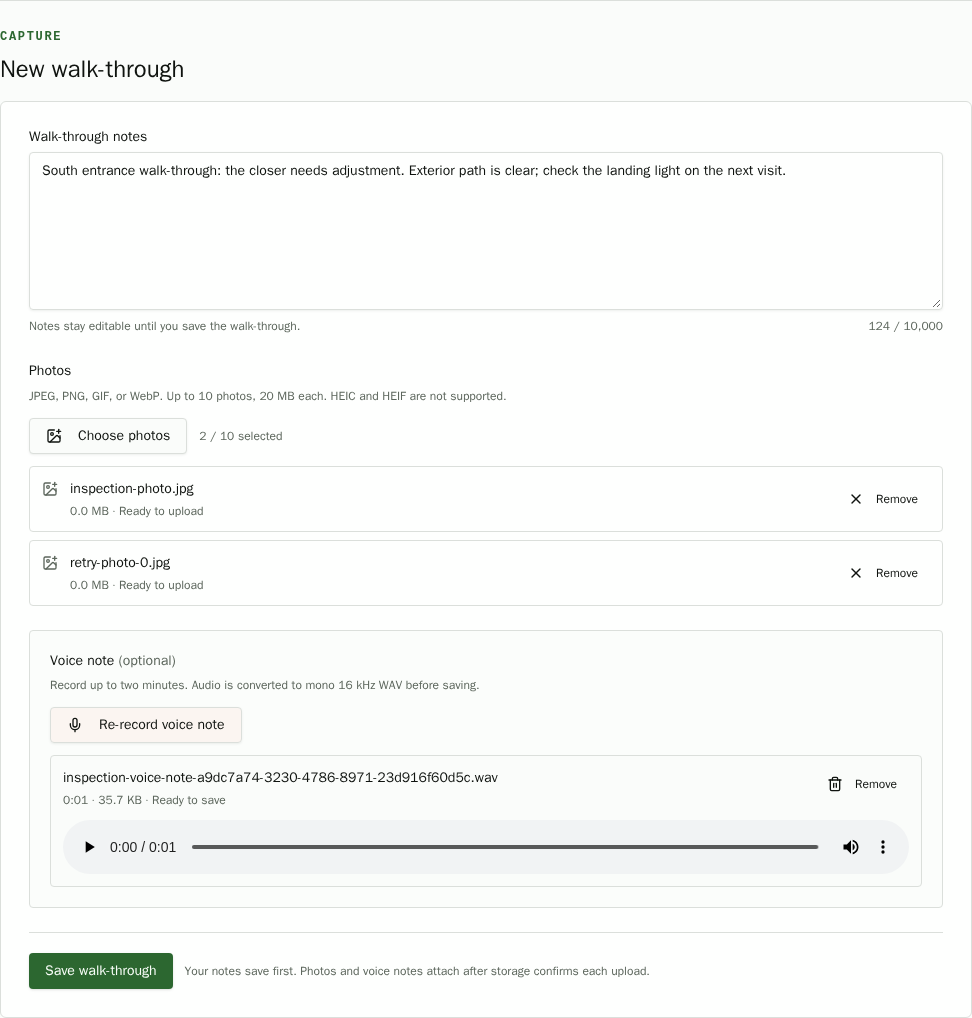 Fieldmote new walk-through form with a synthetic South entrance note, an attached photo, and a voice note preview.