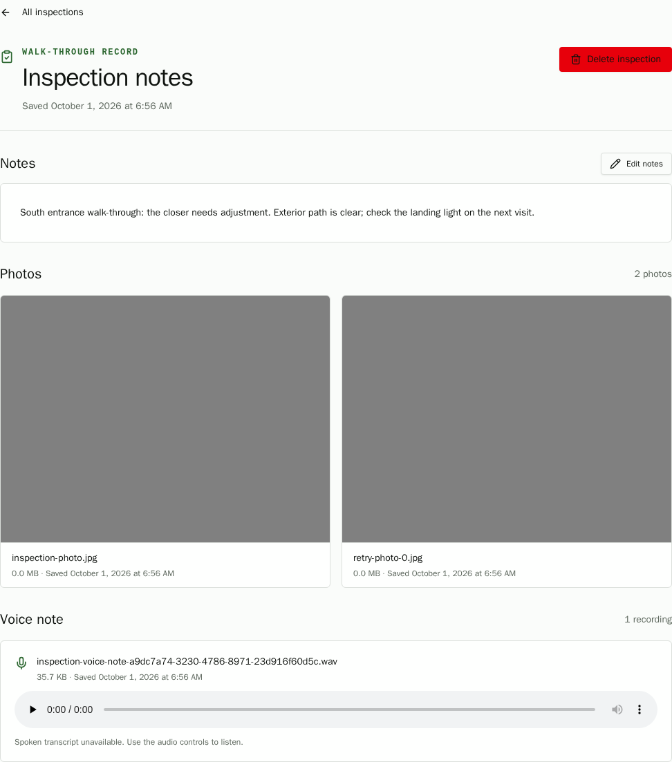 Saved Fieldmote inspection record showing synthetic notes, attached photos, playable voice audio, and a generated report ready to edit or share.